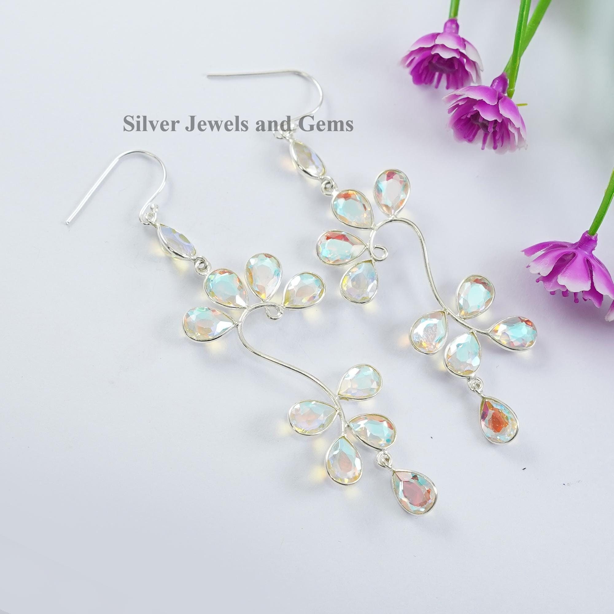 Natural Angel Aura Quartz Earrings, Multi Stone Bezel Earrings, 925 Sterling Silver Aura Quartz Earrings, Light Weight Designer Earring