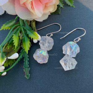 Raw Angel Aura Quartz Earring In 925 Sterling Silver, Rough Gemstone Earring, Aura, Rainbow Quartz, Uncut, Raw Crystal Earring, Gift For Her Raw Angel Aura Quartz Earring In 925 Sterling Silver, Rough Gemstone Earring, Aura, Rainbow Quartz, Uncut, Raw Crystal Earring, Gift For Her