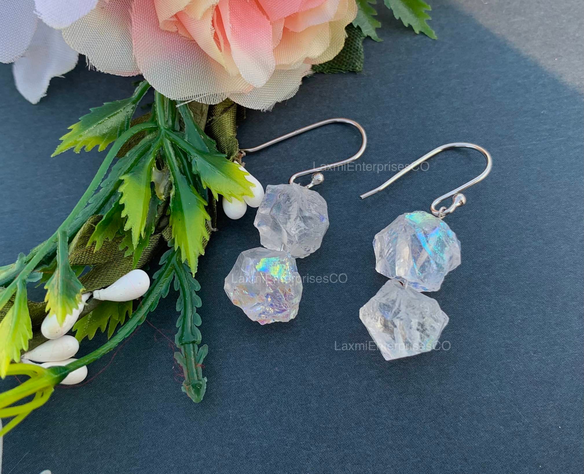 Raw Angel Aura Quartz Earring In 925 Sterling Silver, Rough Gemstone Earring, Aura, Rainbow Quartz, Uncut, Raw Crystal Earring, Gift For Her