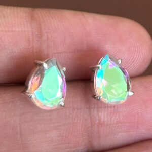 Angel Aura Quartz Stud Earrings, 925 Sterling Silver Pear Cut Rainbow Crystal Jewelry Angel Aura Quartz Stud Earrings, 925 Sterling Silver Pear Cut Rainbow Crystal Jewelry