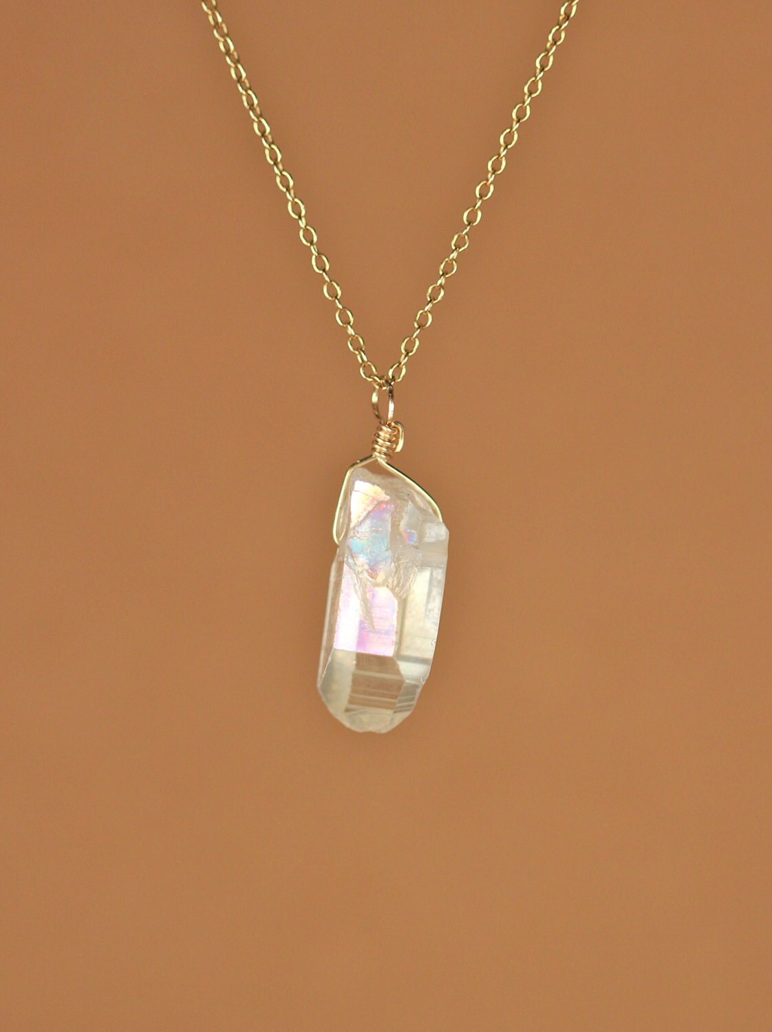Angel Aura Quartz Crystal Necklace - Wire Wrapped, 14k Gold Filled