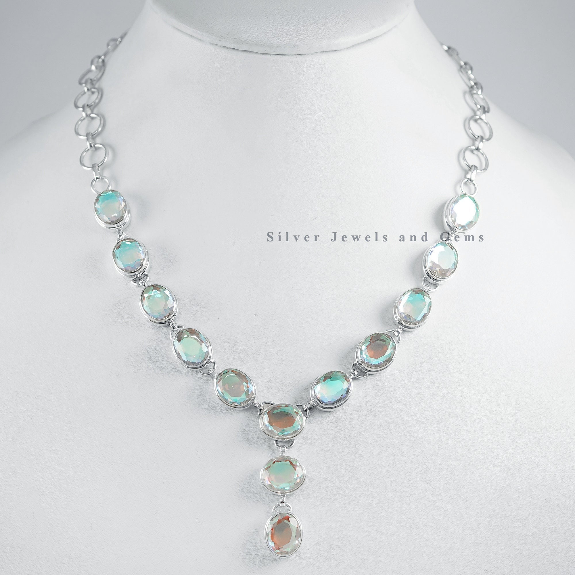 Handmade Angel Aura Quartz 925 Sterling Silver Necklace, Oval Gemstone
