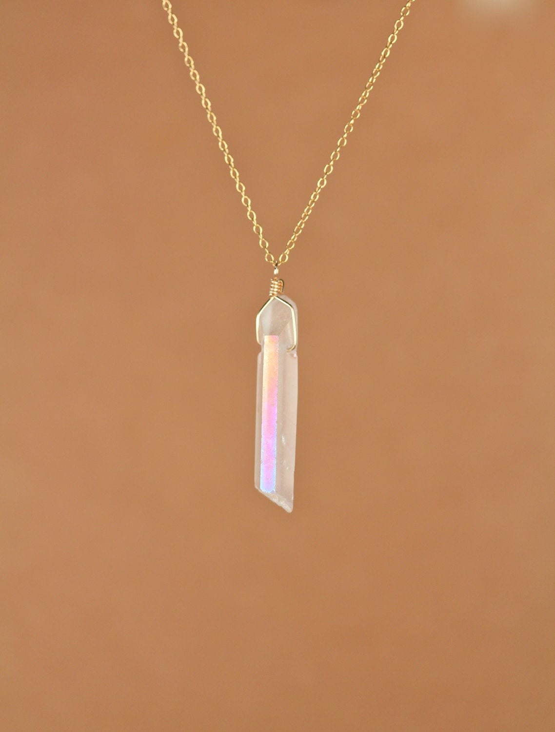 Raw Crystal Necklace - Aura Crystal Necklace - Angel Aura Quartz - A Raw Quartz Wand Wire Wrapped Onto A 14k Gold Vermeil Chain Raw Crystal Necklace - Aura Crystal Necklace - Angel Aura Quartz - A Raw Quartz Wand Wire Wrapped Onto A 14k Gold Vermeil Chain