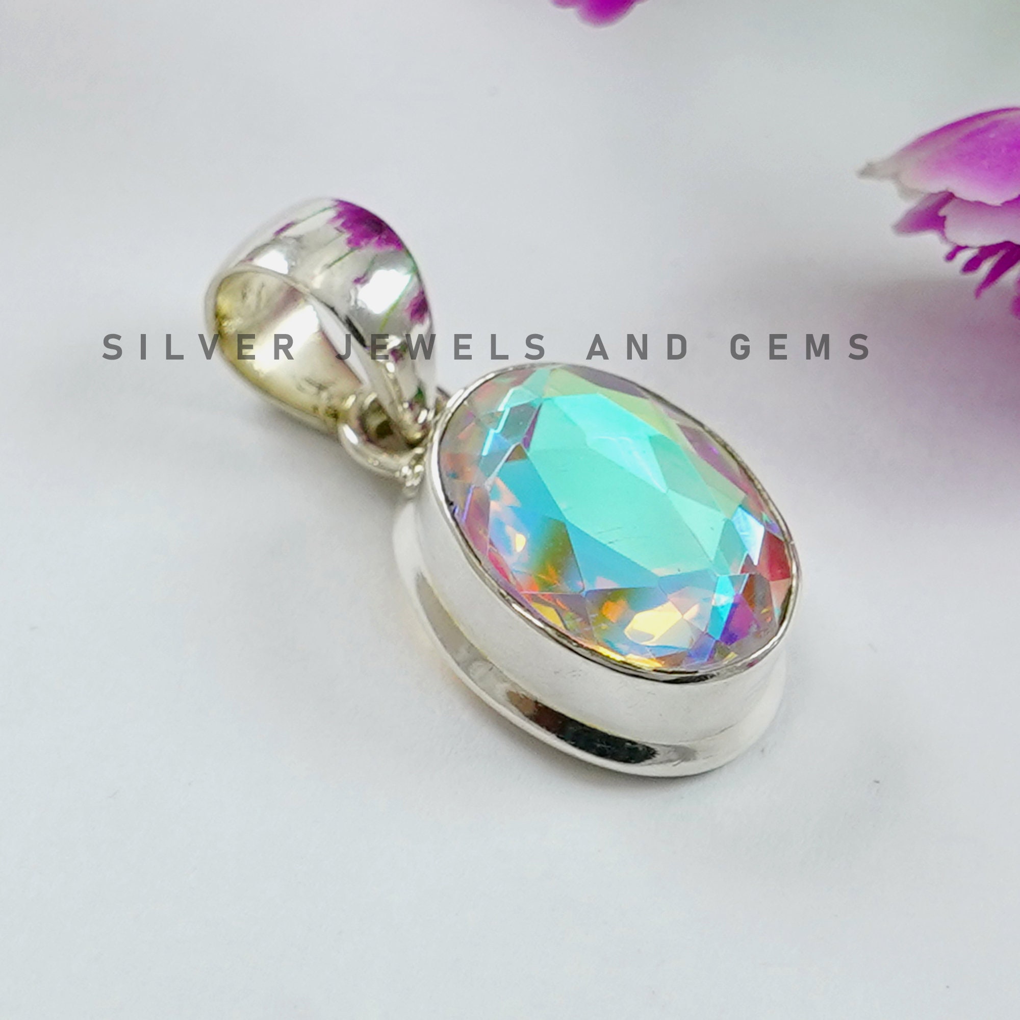 Angel Aura Quartz Pendant, 925 Silver Pendant, Handmade Pendant, Oval Aura Quartz Pendant, Gift For Friends, Anniversary Pendant