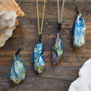 Angel Aura Quartz Geode Slice Necklace: Rainbow Druzy Crystal Pendant