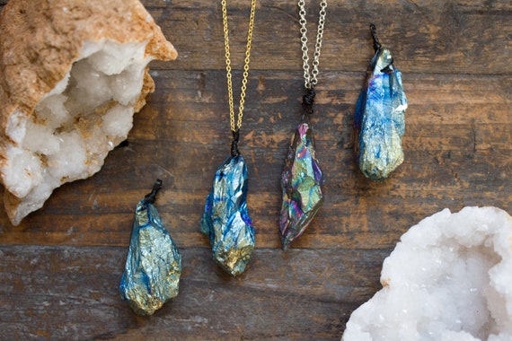 Angel Aura Quartz Geode Slice Necklace: Rainbow Druzy Crystal Pendant