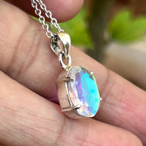 Handmade Oval Angel Aura Quartz 925 Sterling Silver Pendant