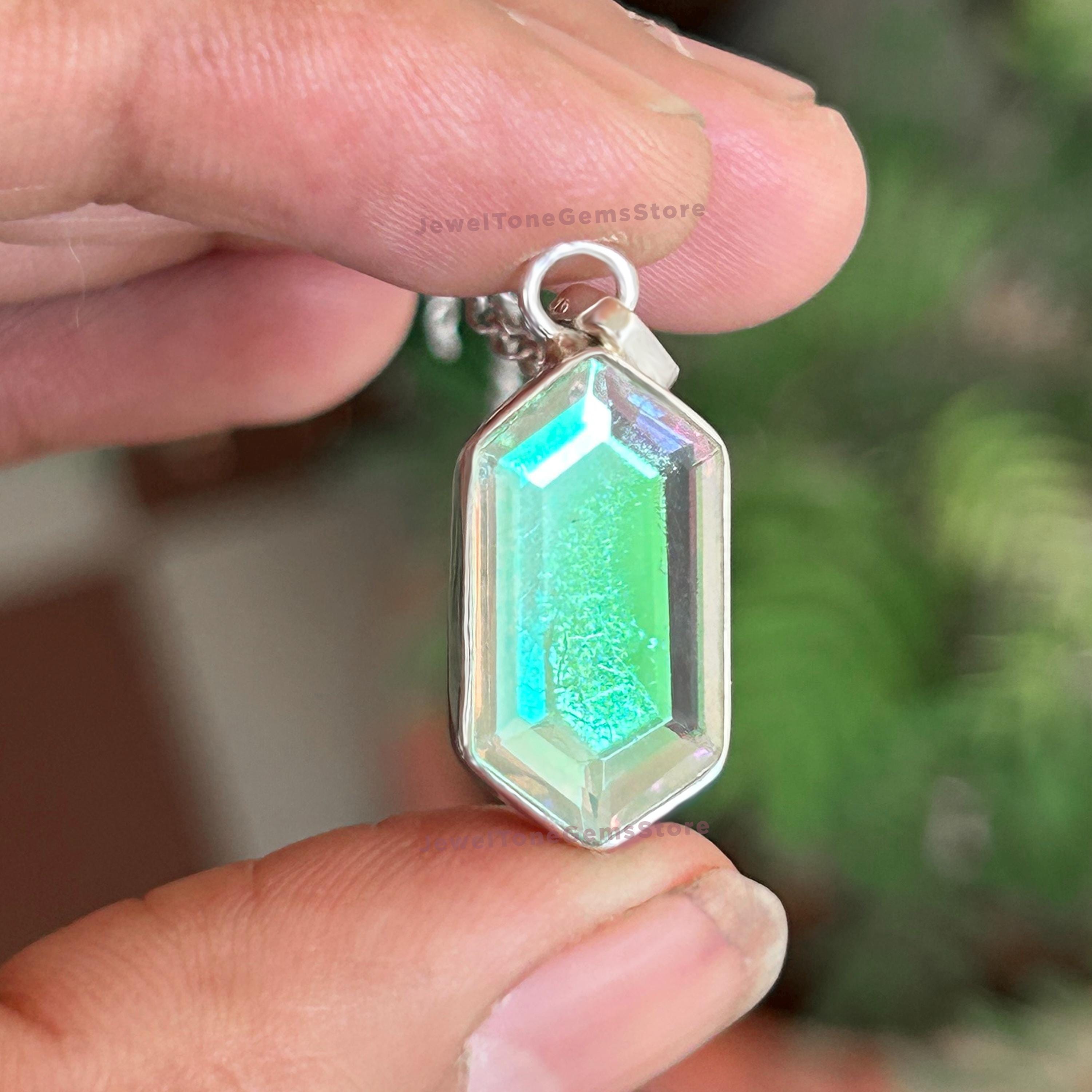 Hexagon Angel Aura Quartz Pendant: Handmade 925 Sterling Silver Necklace