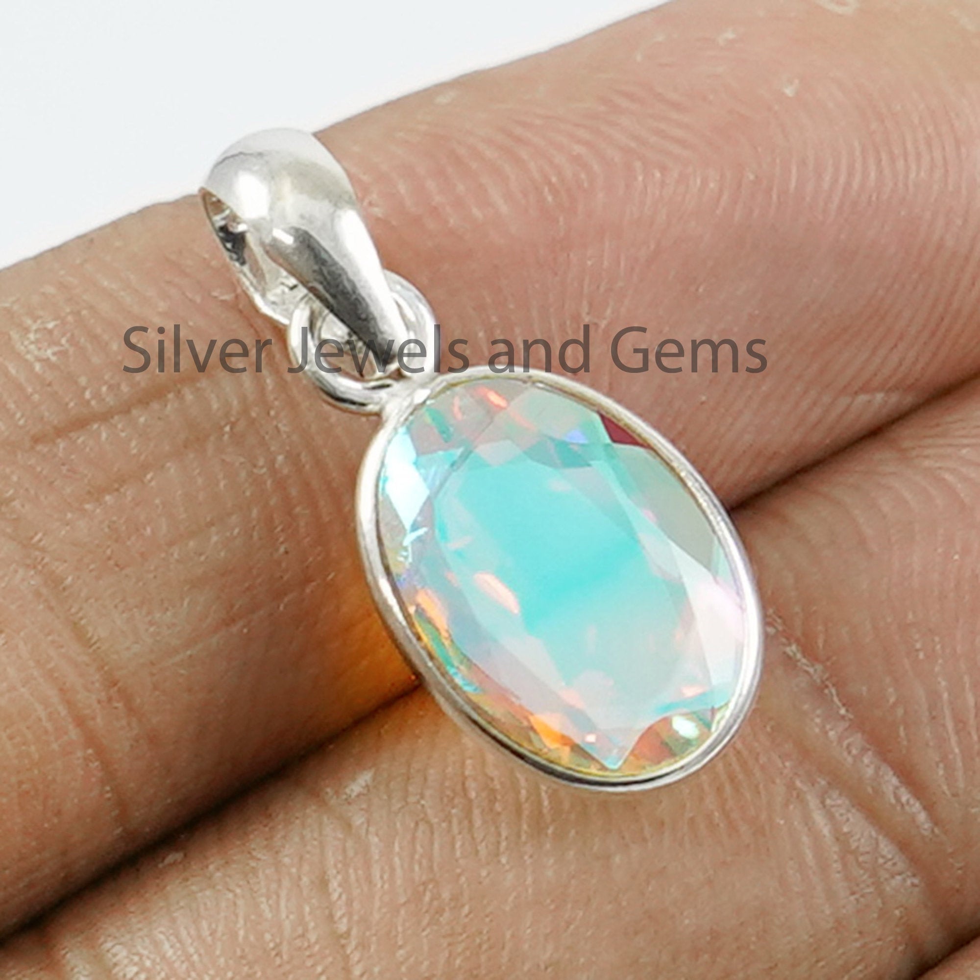 Angel Aura Quartz Pendant, Light Weight Pendant, Handmade Pendant, 925 Sterling Silver, Oval Aura Quartz Pendant, Gift For Her