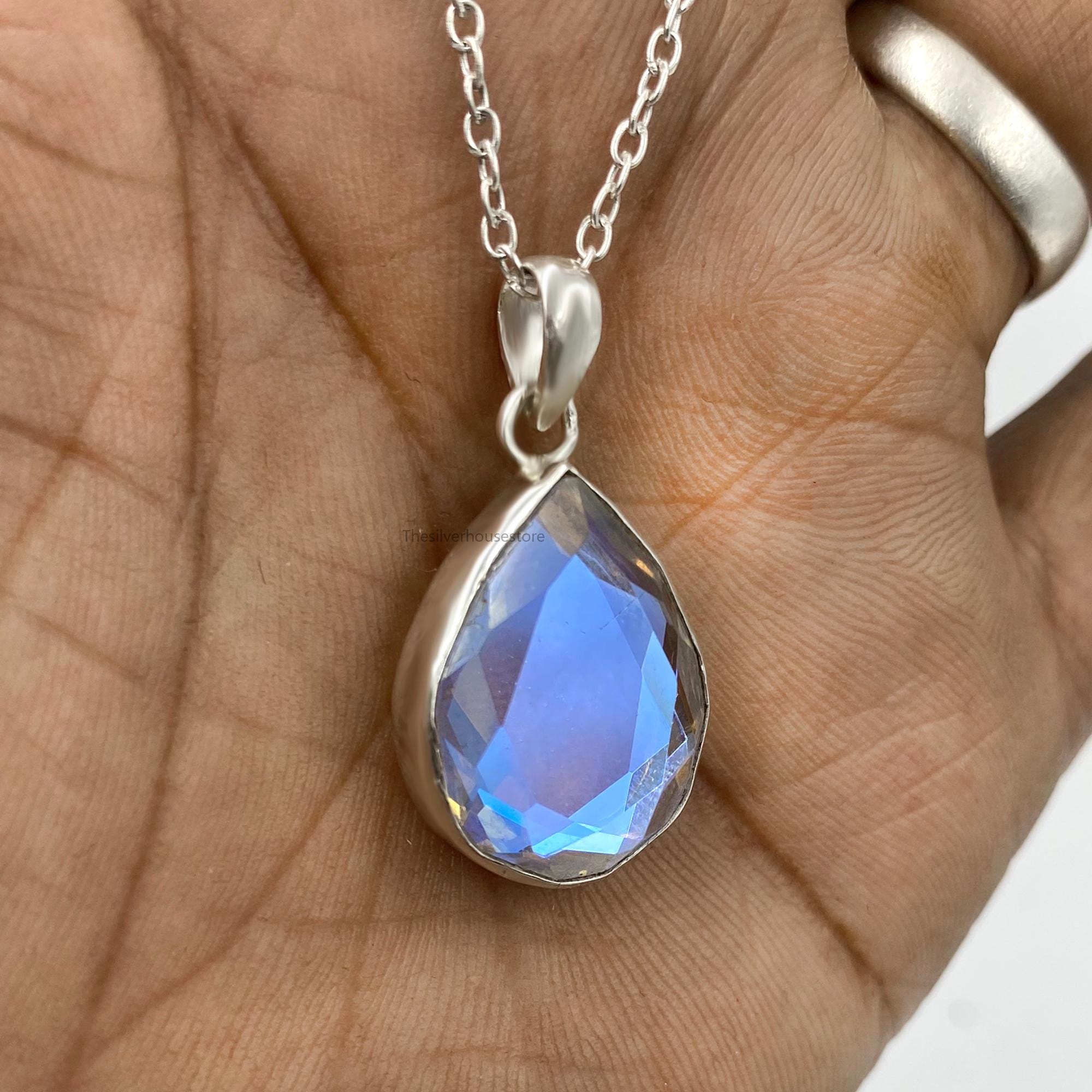 Natural Angel Aura Quartz Pear Pendant, Faceted Cut, 925 Sterling Silver Necklace