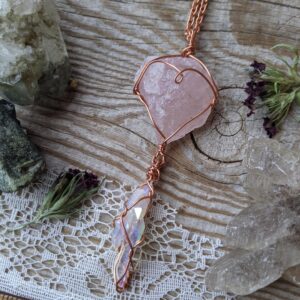 pink quartz and angel aura quartz cluster crystal pendant, rare high quality pink quartz cluster with a gorgeous opal aura crystal below it