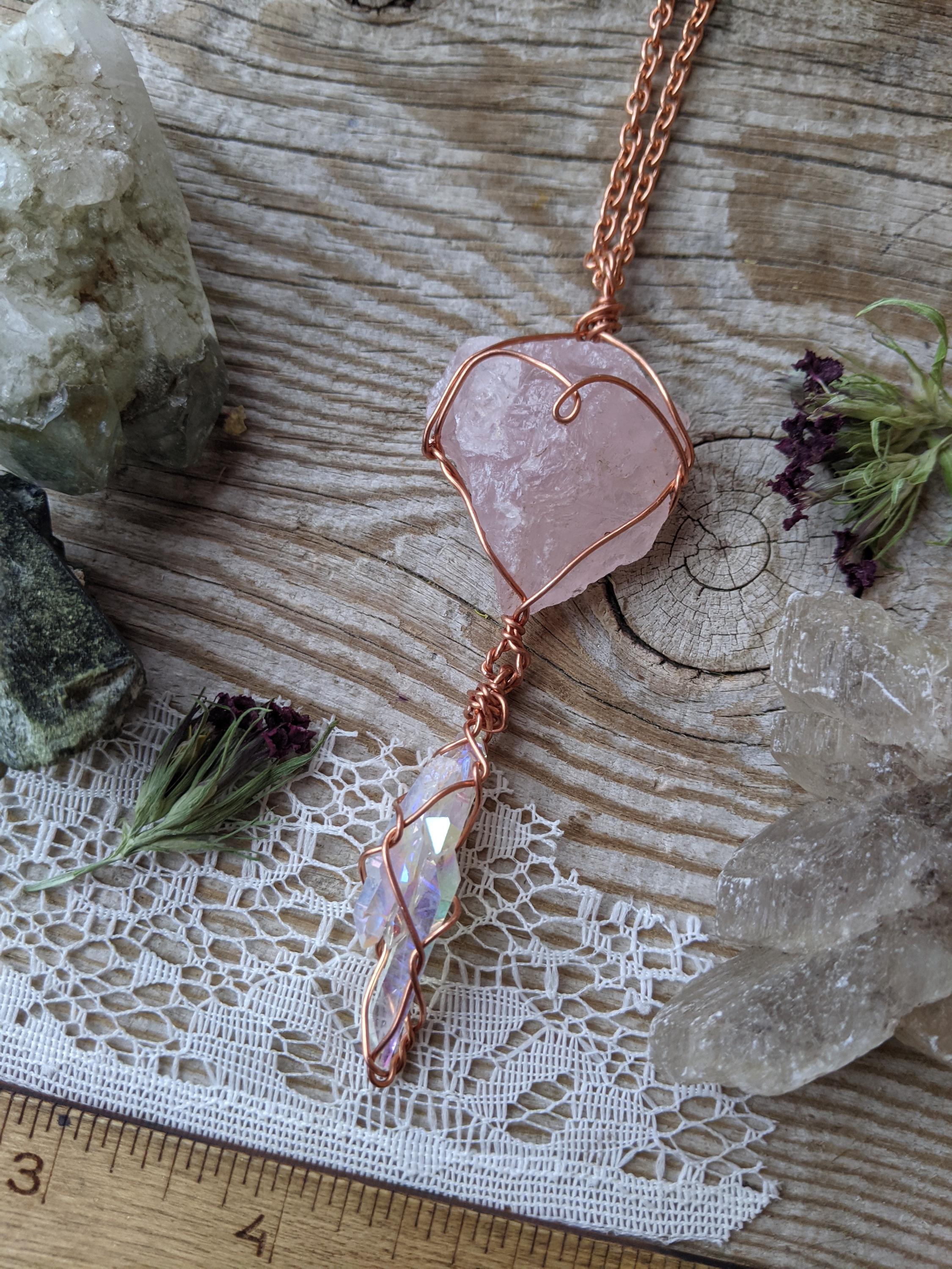 Pink Quartz And Angel Aura Quartz Cluster Crystal Pendant, Rare High Quality Pink Quartz Cluster With A Gorgeous Opal Aura Crystal Below It