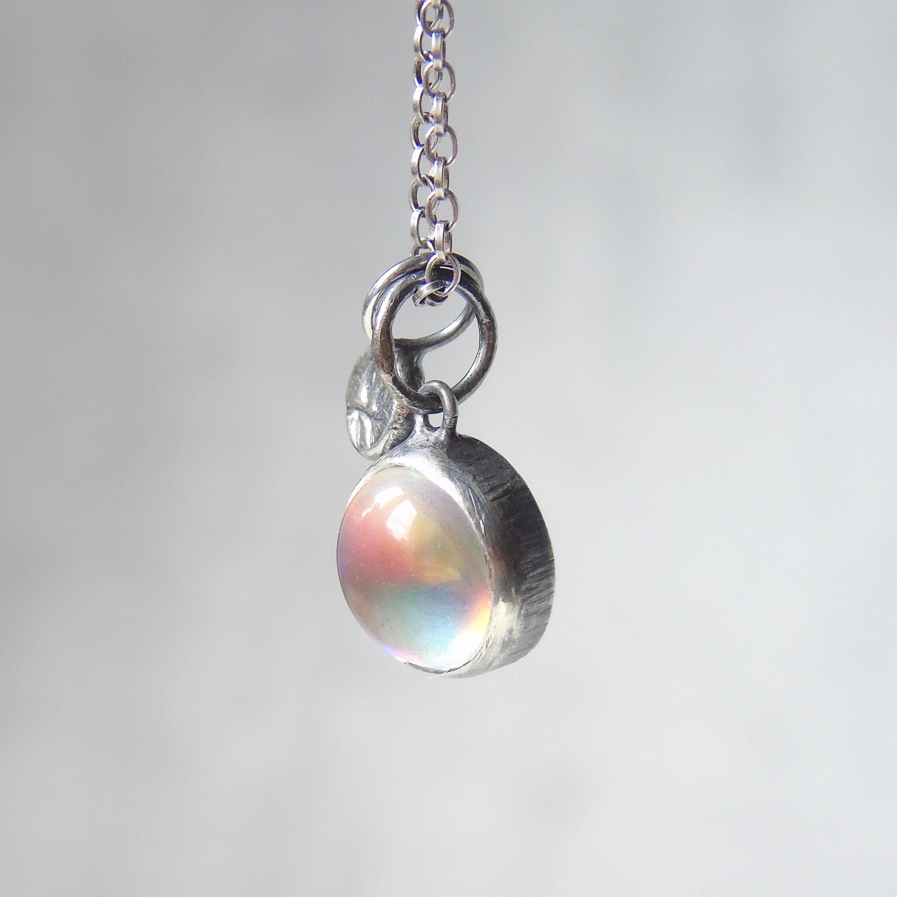 Rainbow Angel Aura Quartz, Botanical Charm, Delicate Silver Charms With Necklace, Custom Pendant