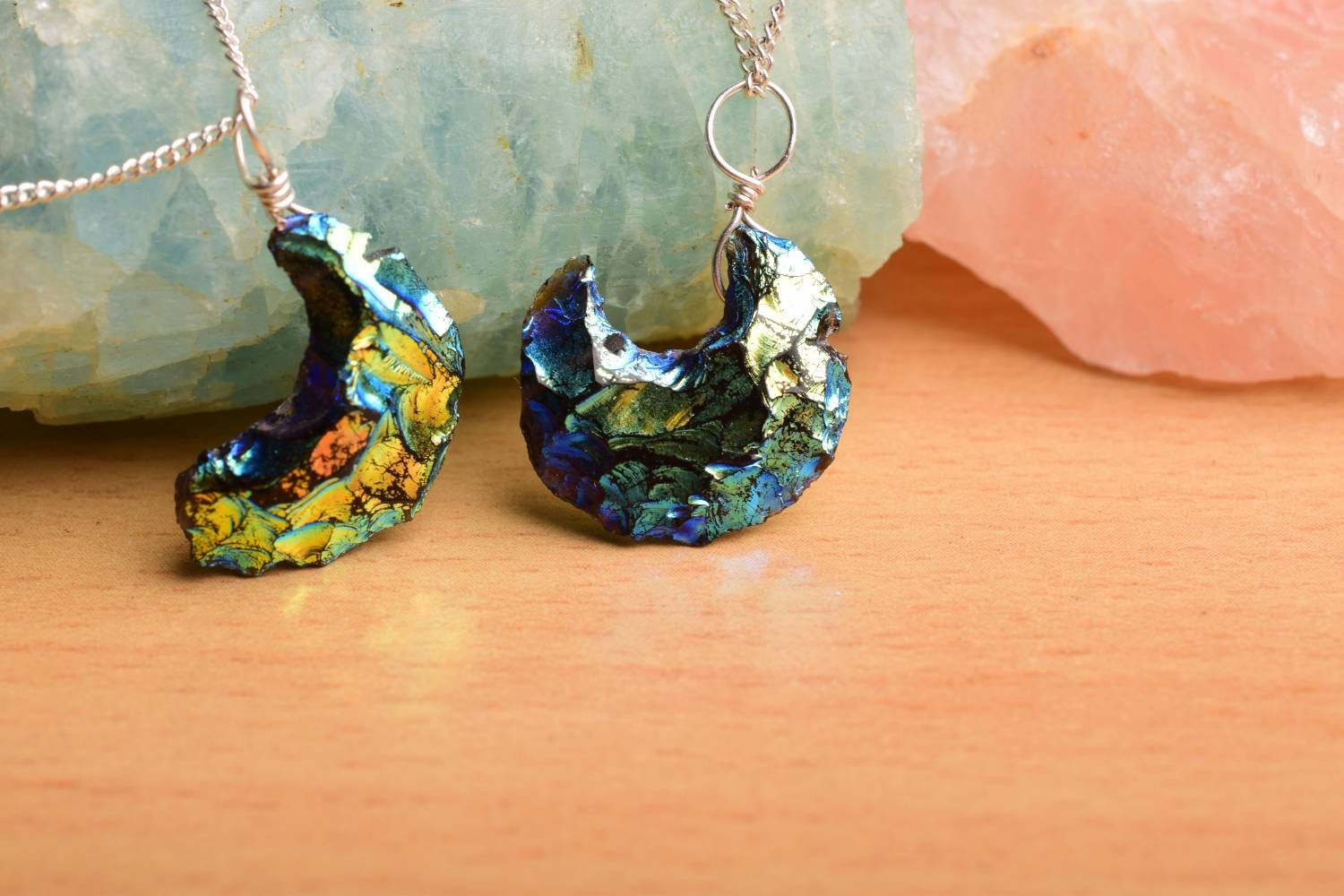Raw Angel Aura Quartz Pendant In 925 Sterling Silver, Moon Shape Pendant, Celestial, Uncut Pendant, Stone Pendant, Birthstone, Gift For Her