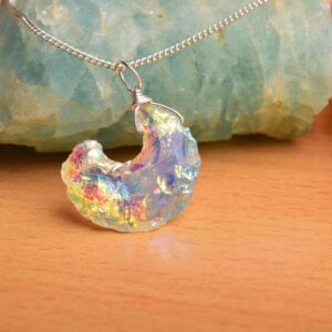 Raw Angel Aura Quartz Pendant in 925 Sterling Silver, Moon Shape Pendant, Celestial, Uncut Pendant, Stone Pendant, Birthstone, Gift For Her