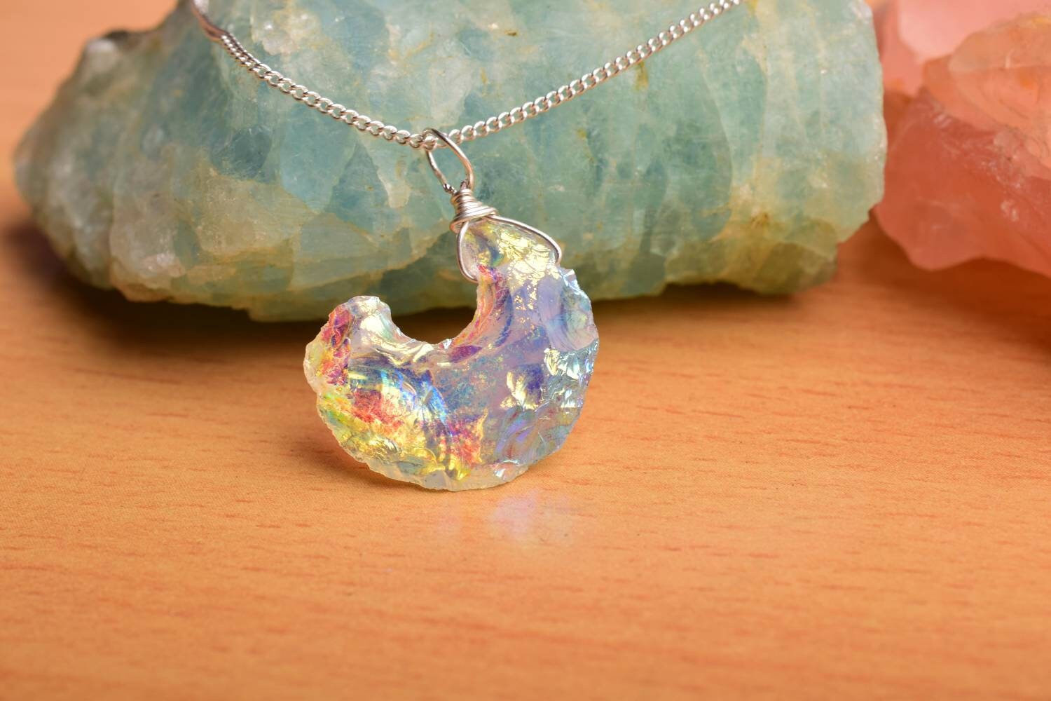 Raw Angel Aura Quartz Pendant In 925 Sterling Silver, Moon Shape Pendant, Celestial, Uncut Pendant, Stone Pendant, Birthstone, Gift For Her