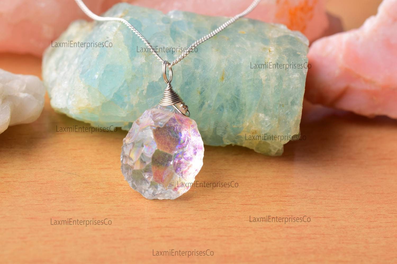 Raw Angel Aura Quartz Pendant In 925 Sterling Silver, Rough Gemstone Necklace, Uncut Pendant, Stone Pendant, Birthstone, Gift For Her