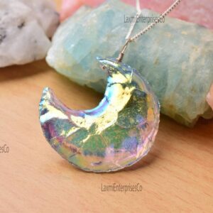 Raw Angel Aura Quartz Pendant in 925 Sterling Silver, Moon-Shaped Celestial Stone, Uncut Gemstone Necklace, Birthstone Gift for Her