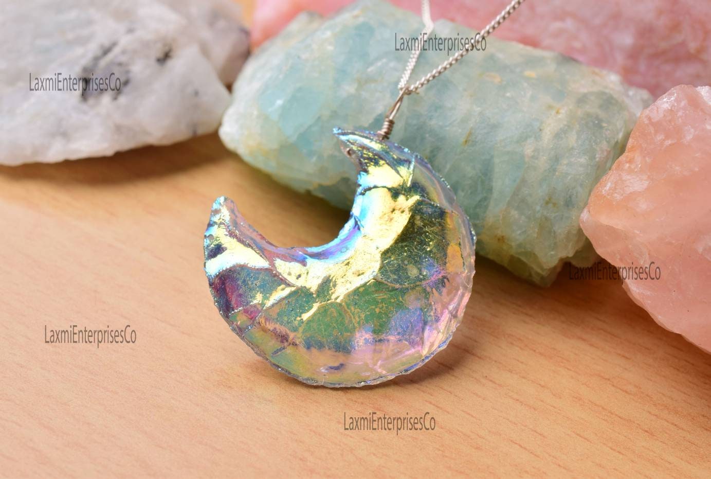 Raw Angel Aura Quartz Pendant In 925 Sterling Silver, Moon-shaped Celestial Stone, Uncut Gemstone Necklace, Birthstone Gift For Her