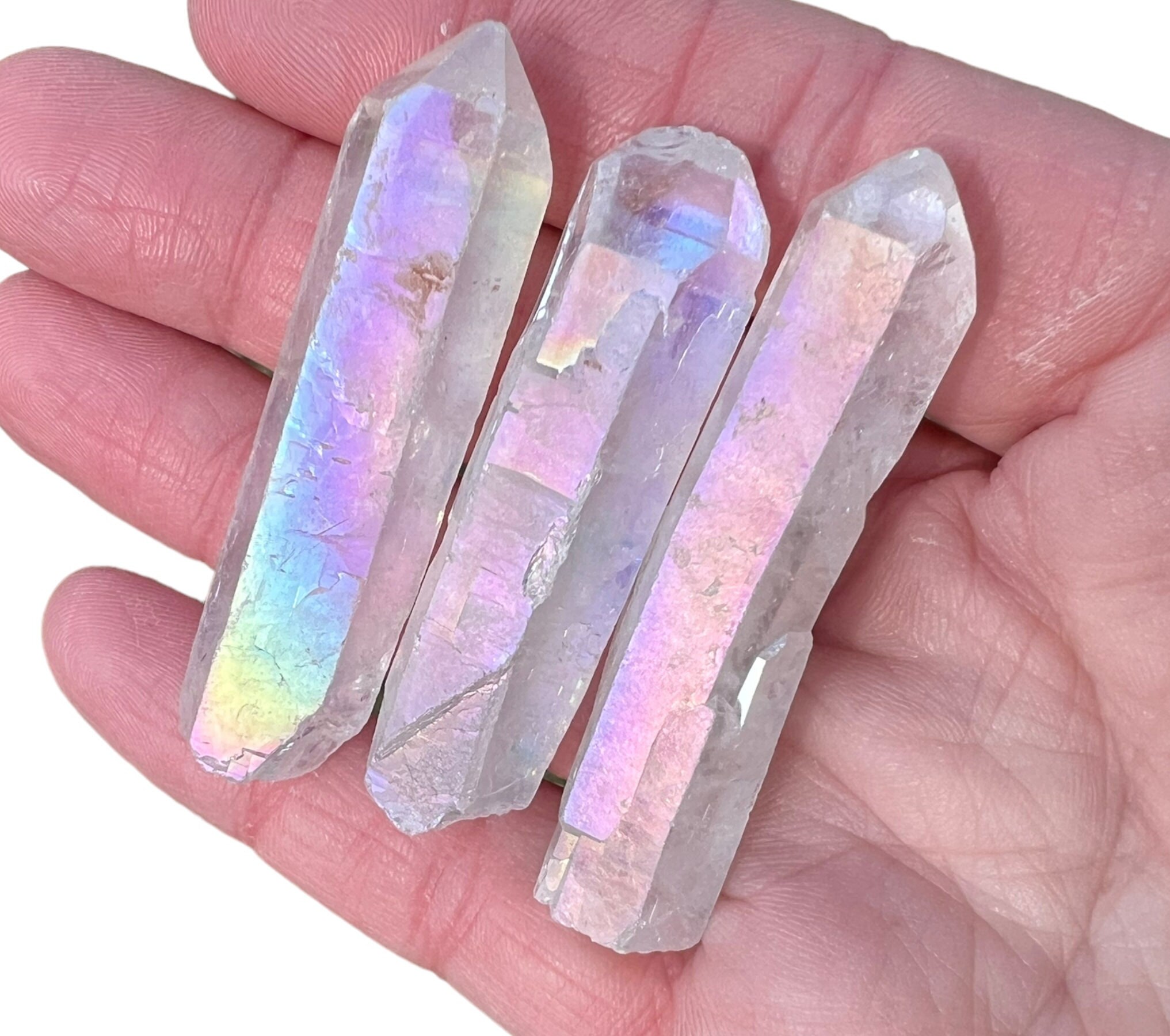 Angel Aura Quartz Crystals Lot, Set Of 3 Iridescent Rainbow Points, Pastel #2