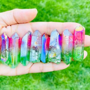Angel Aura Quartz Point: Green Pink Rainbow Crystal Gemstone