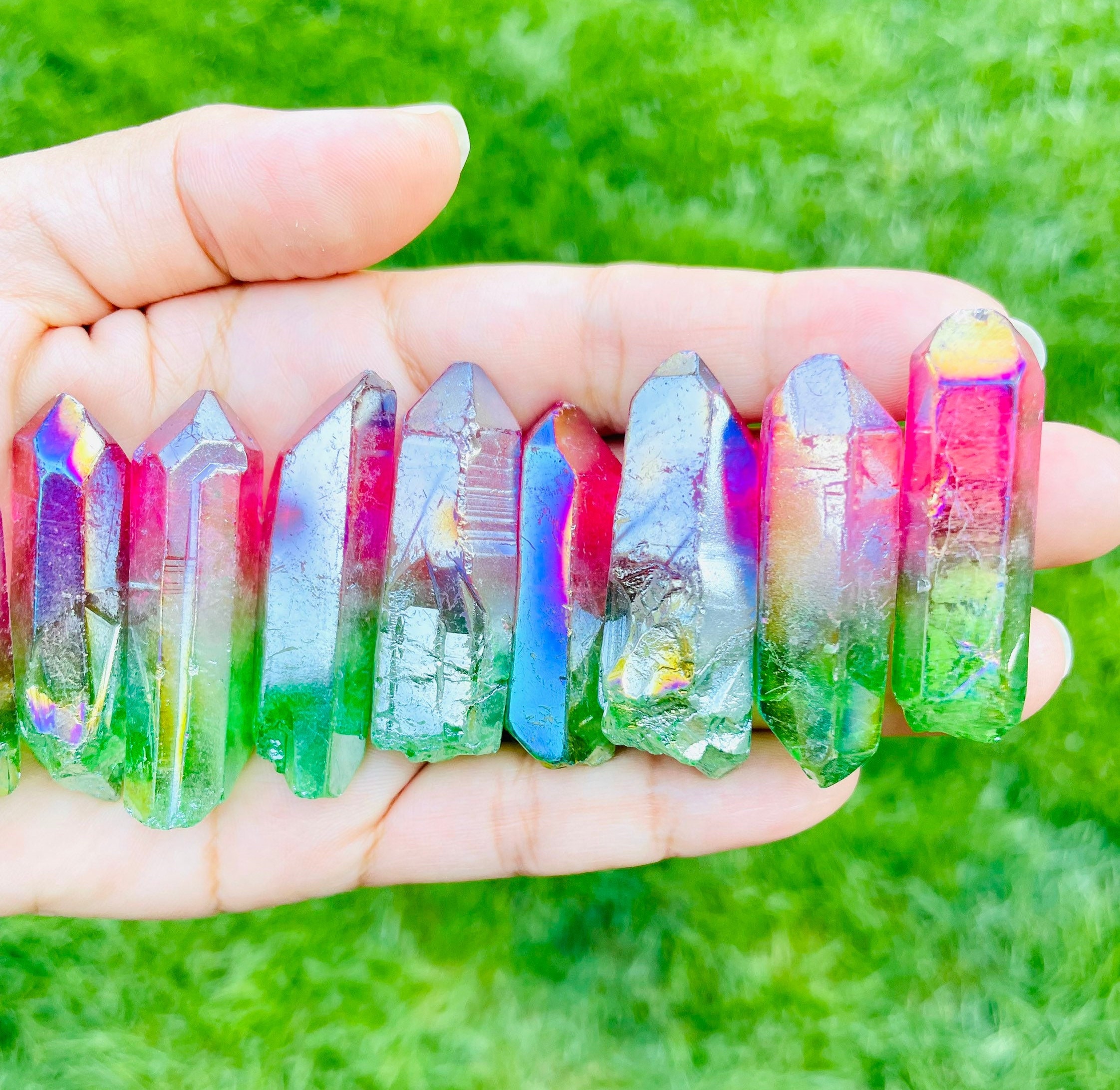 Angel Aura Quartz Point: Green Pink Rainbow Crystal Gemstone