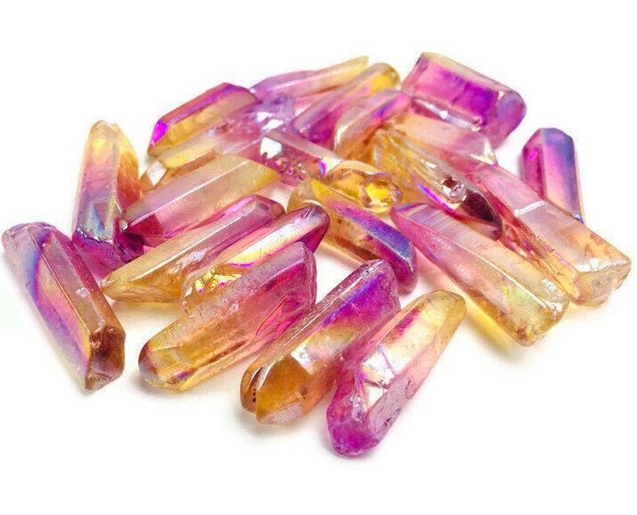 Angel Aura Quartz Crystal Point: Pink Yellow Rainbow Gemstone Angel Aura Quartz Crystal Point: Pink Yellow Rainbow Gemstone