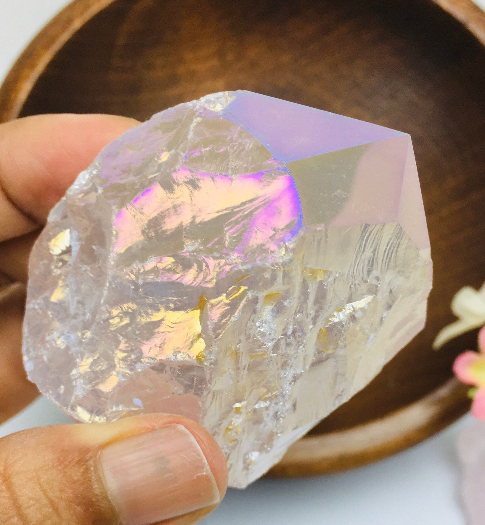 Angel Aura Rose Quartz Point: Rainbow Flame Crystal Tower 131.6.g Angel Aura Rose Quartz Point: Rainbow Flame Crystal Tower 131.6.g