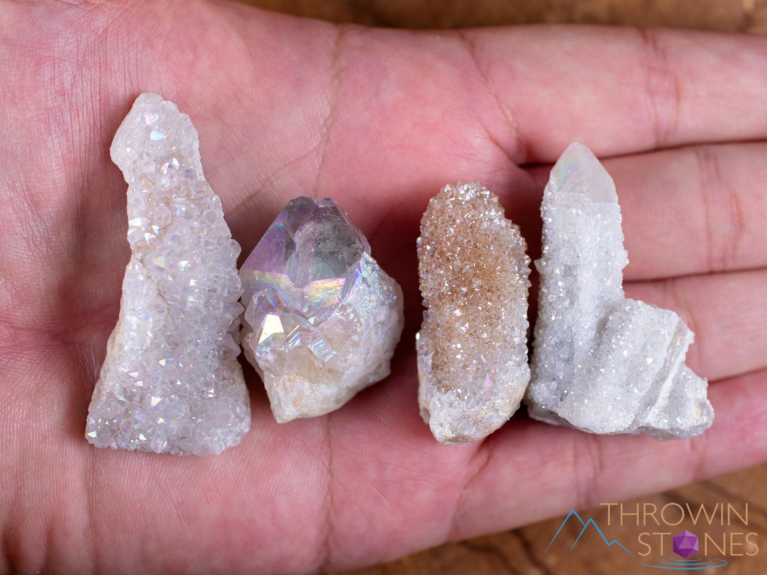 White Angel Aura Quartz Crystals : X4 Lot Rainbow Spirit Healing Points And Clusters, E2018