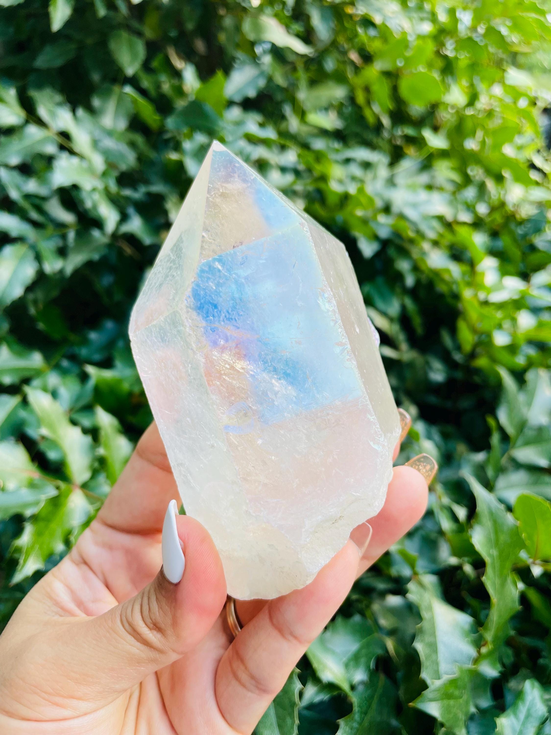 Xl Angel Aura Quartz Point: Half Polished, Raw Crystal (110x65 Mm) 426g