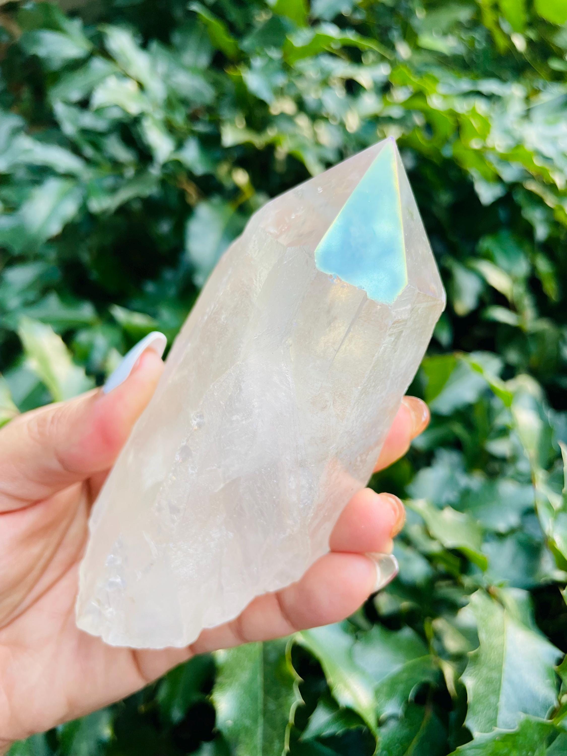 Xl Angel Aura Quartz Point: Half Polished Raw Crystal (121x60 Mm) 413g