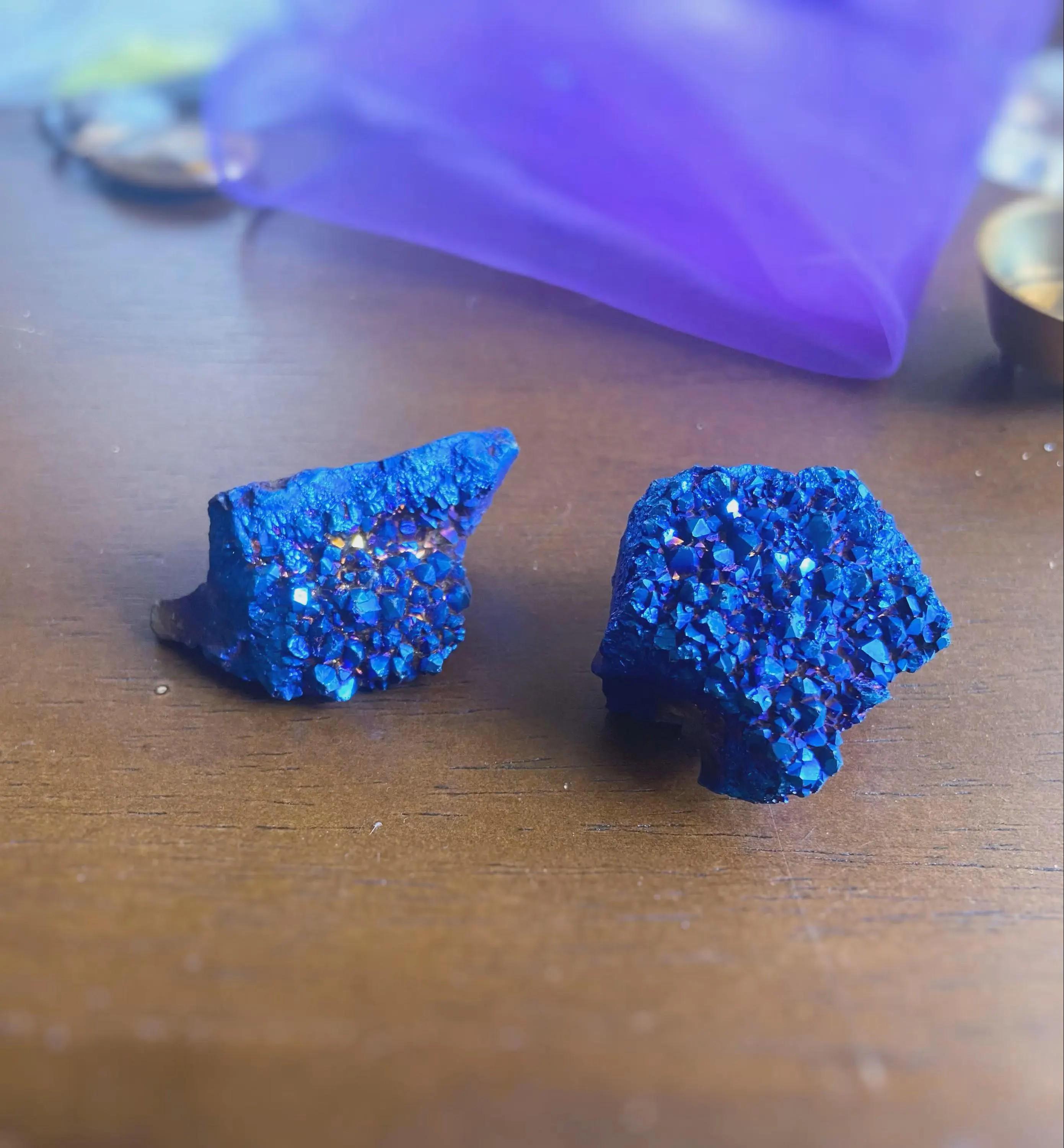 Blue Angel Aura Quartz Clusters Pair: Raw Healing Crystals, Third Eye & Crown Chakras, 1.5"