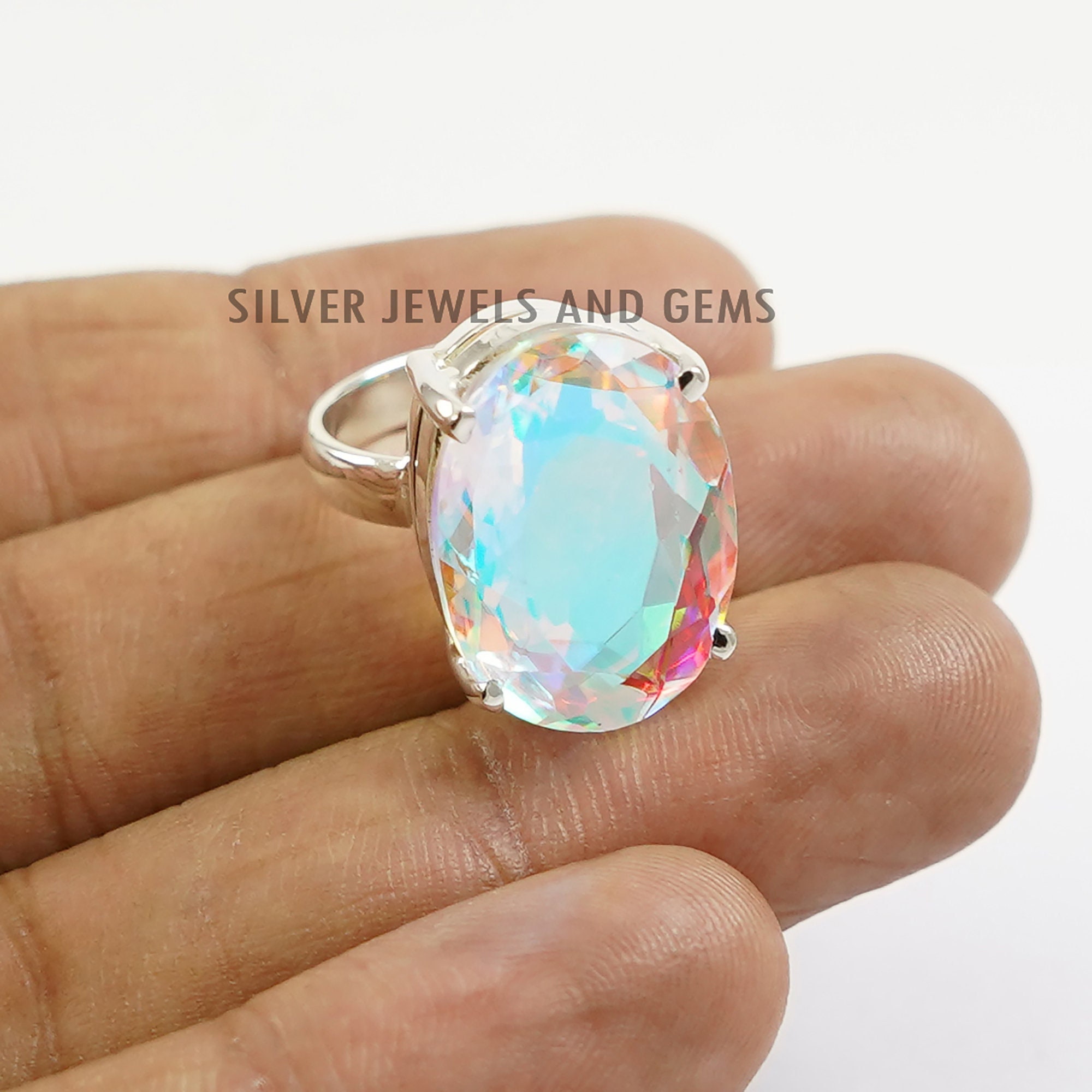 Angel Aura Quartz Ring, 925 Sterling Silver Ring, Handmade Ring For Her, Oval Aura Quartz Ring, Wedding Ring, Gemstone Ring, Gift For Her