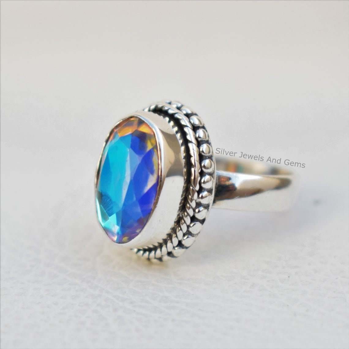 Angel Aura Quartz Ring, Handmade 925 Sterling Silver Ring, Oval Aura Quartz Ring, Gift For Her, Promise Ring