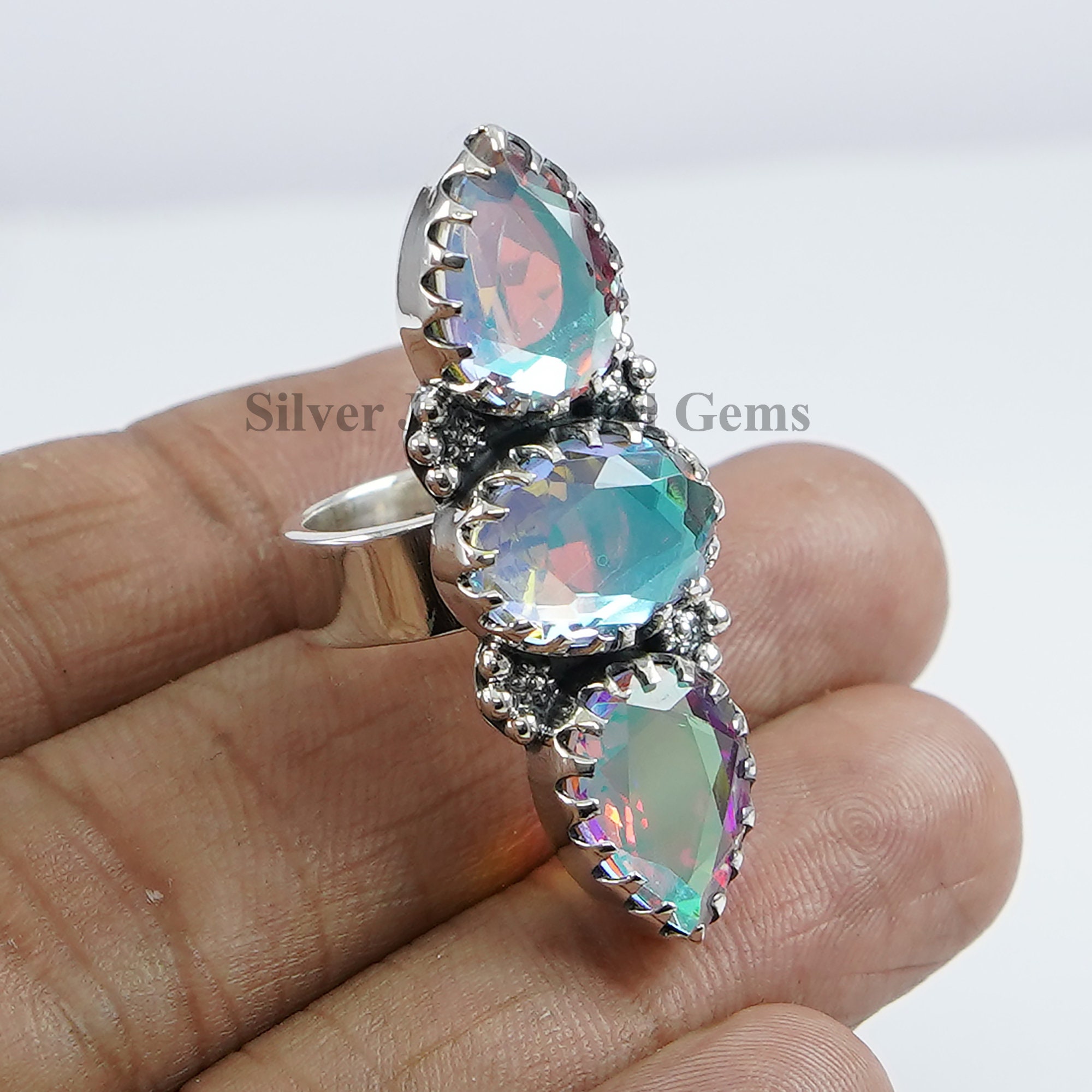Angel Aura Quartz Ring, Multi Stone Ring, Oval Teardrop Quartz Ring, 925 Sterling Silver Ring, Gift For Girls, Gemstone Ring