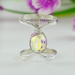 Oval Angel Aura Quartz Ring, 925 Sterling Silver, Handmade Double Chevron Band Oval Angel Aura Quartz Ring, 925 Sterling Silver, Handmade Double Chevron Band
