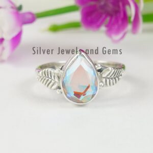 Teardrop Angel Aura Quartz Ring, 925 Sterling Silver Leaf Design Teardrop Angel Aura Quartz Ring, 925 Sterling Silver Leaf Design