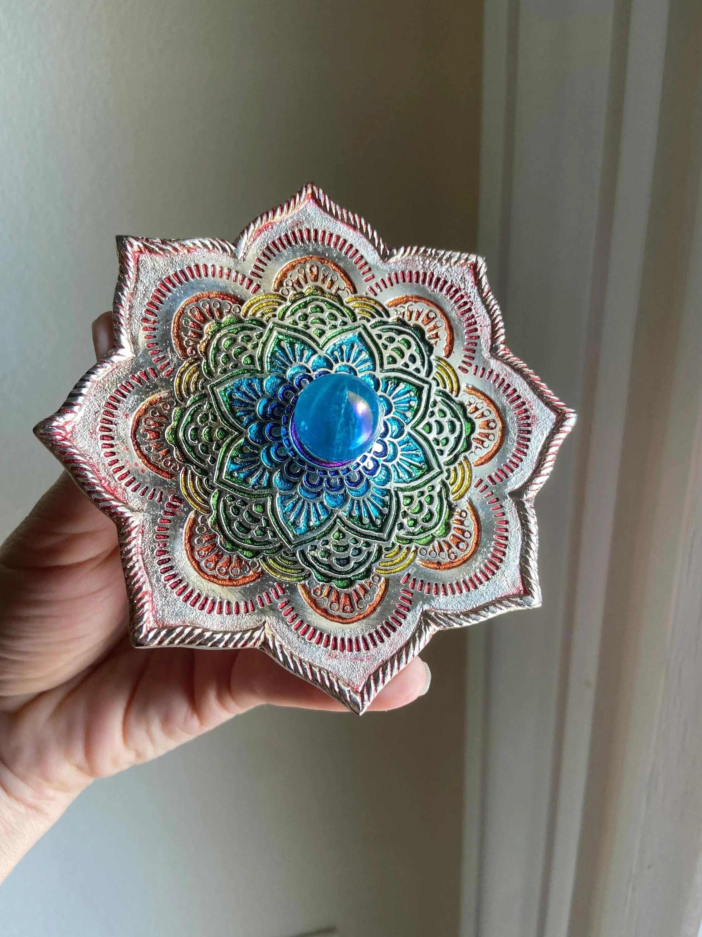 Chakra Lotus Plate With Angel Aura Quartz Sphere, Altar Decor, Intuitively Chosen, 4.25" Chakra Lotus Plate With Angel Aura Quartz Sphere, Altar Decor, Intuitively Chosen, 4.25"