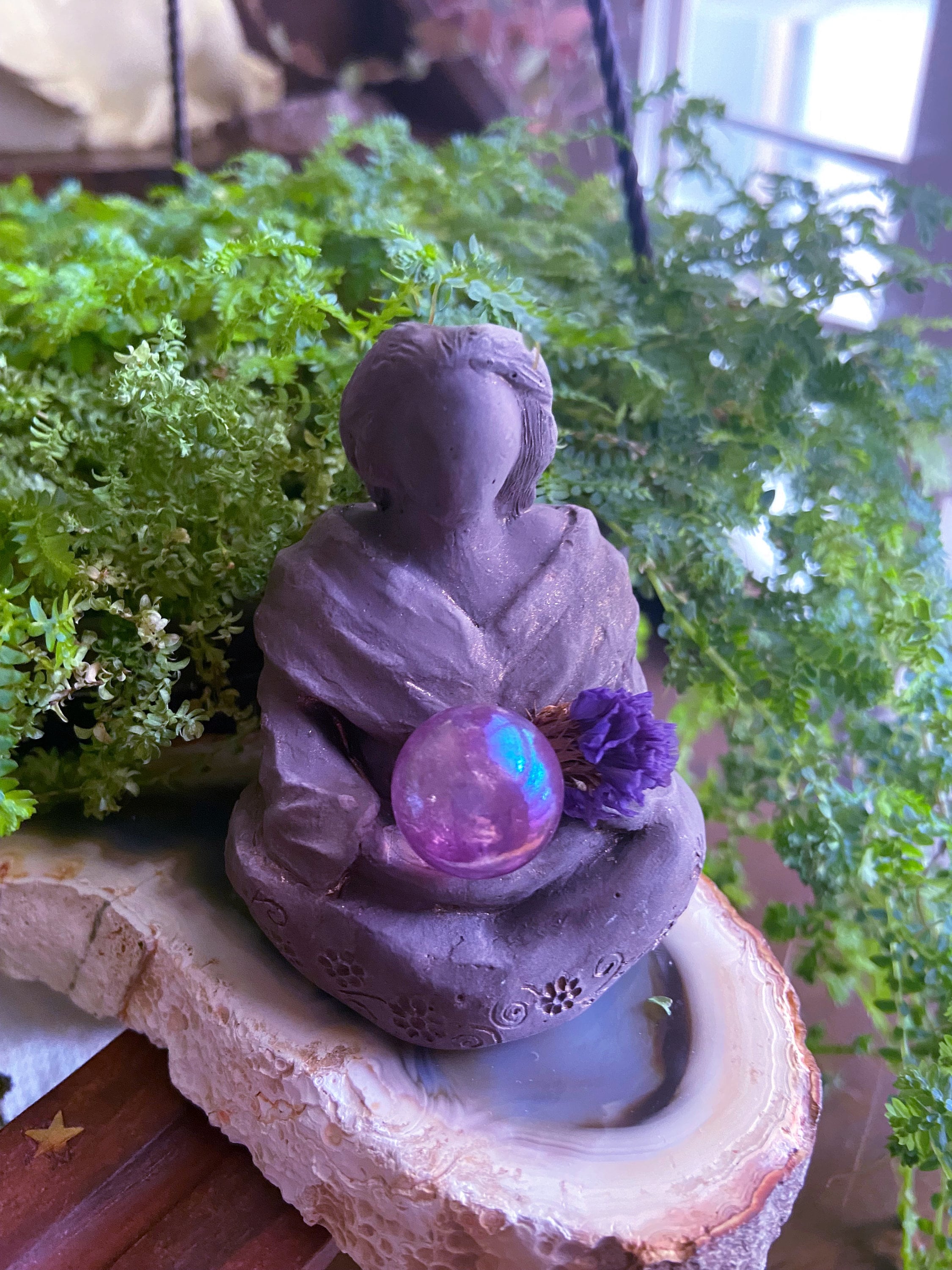 Divine Goddess Figurine With Angel Aura Quartz Sphere And Flowers Divine Goddess Figurine With Angel Aura Quartz Sphere And Flowers