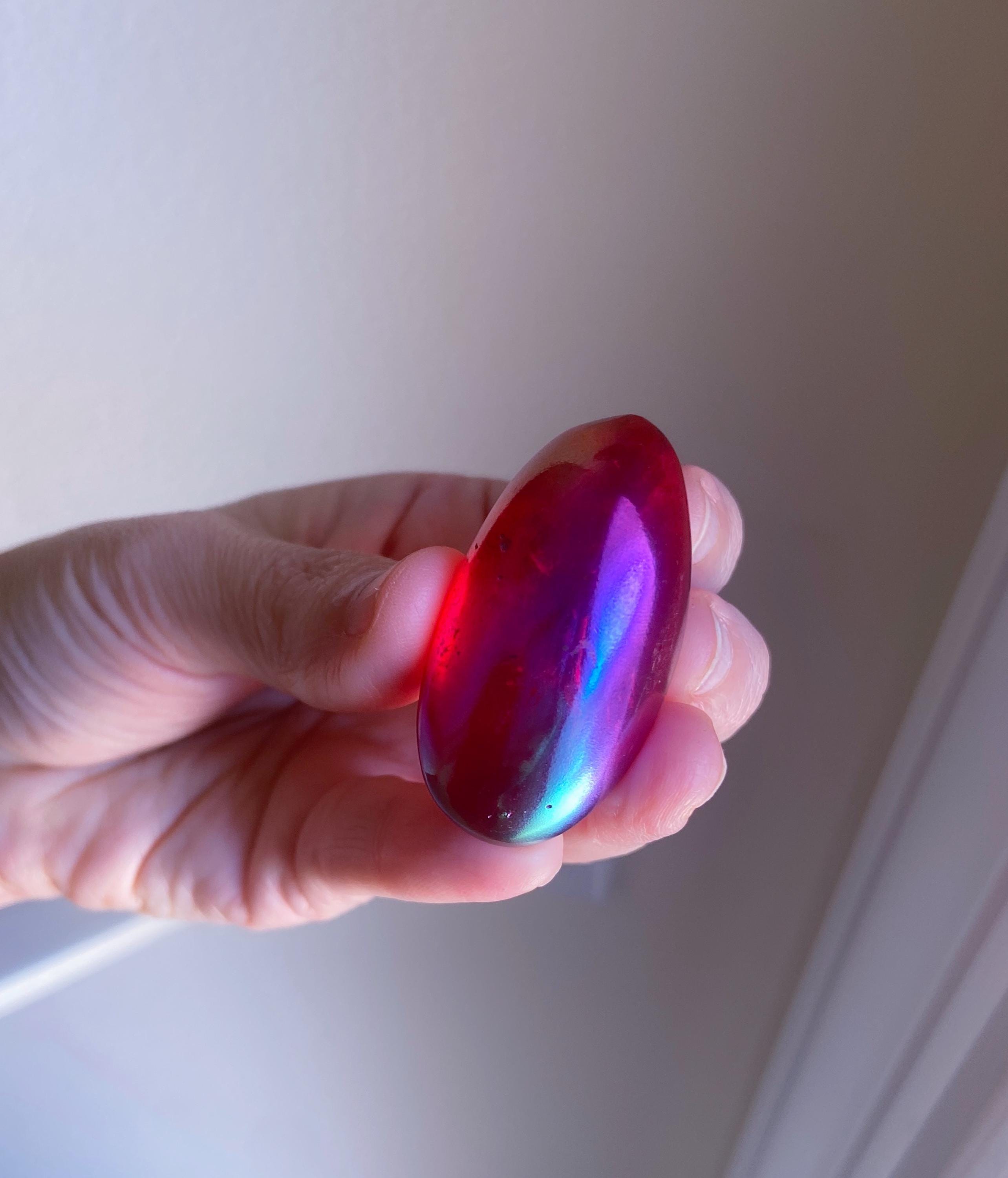 Fuchsia Angel Aura Quartz Palm Stone, Heart Chakra Healing Crystal, Exact One, 1.75"