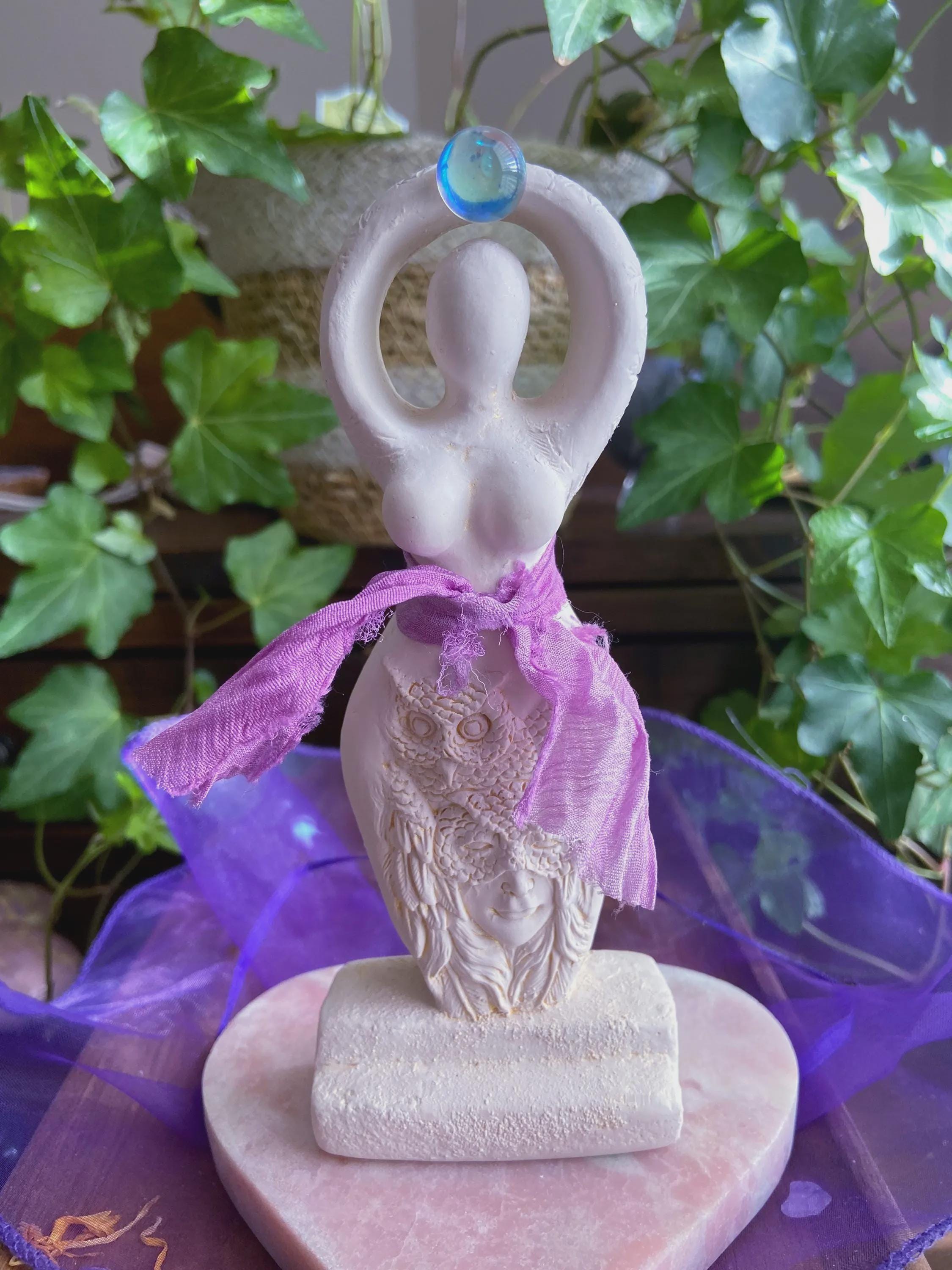 Goddess Of Wisdom Figurine: Angel Aura Quartz, Owl Carving, Intuitively Chosen, 6.25"