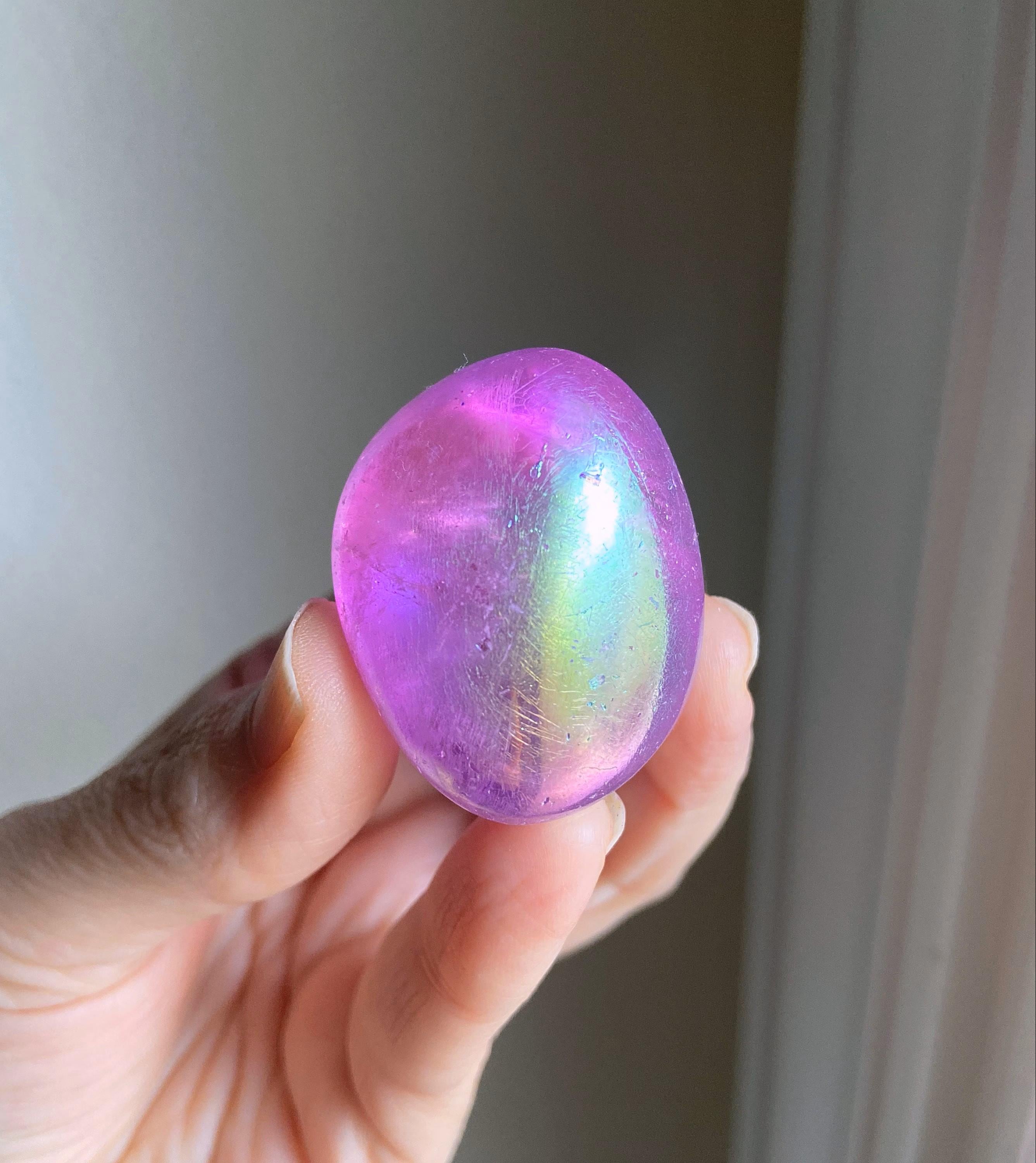Pink Angel Aura Quartz Palm Stone, Heart Chakra Healing Crystal, Spiritual Upliftment, 1.38"