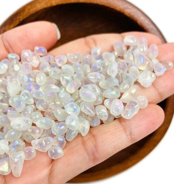 100g Angel Aura Quartz Crystal Chips: Tumbled Rainbow Gemstone Pebbles 100g Angel Aura Quartz Crystal Chips: Tumbled Rainbow Gemstone Pebbles