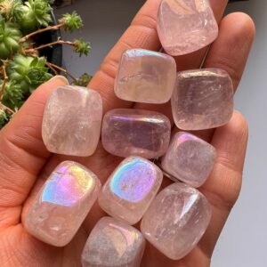 Cubic Angel Aura Rose Quartz Tumble, Rainbow Aura Crystal