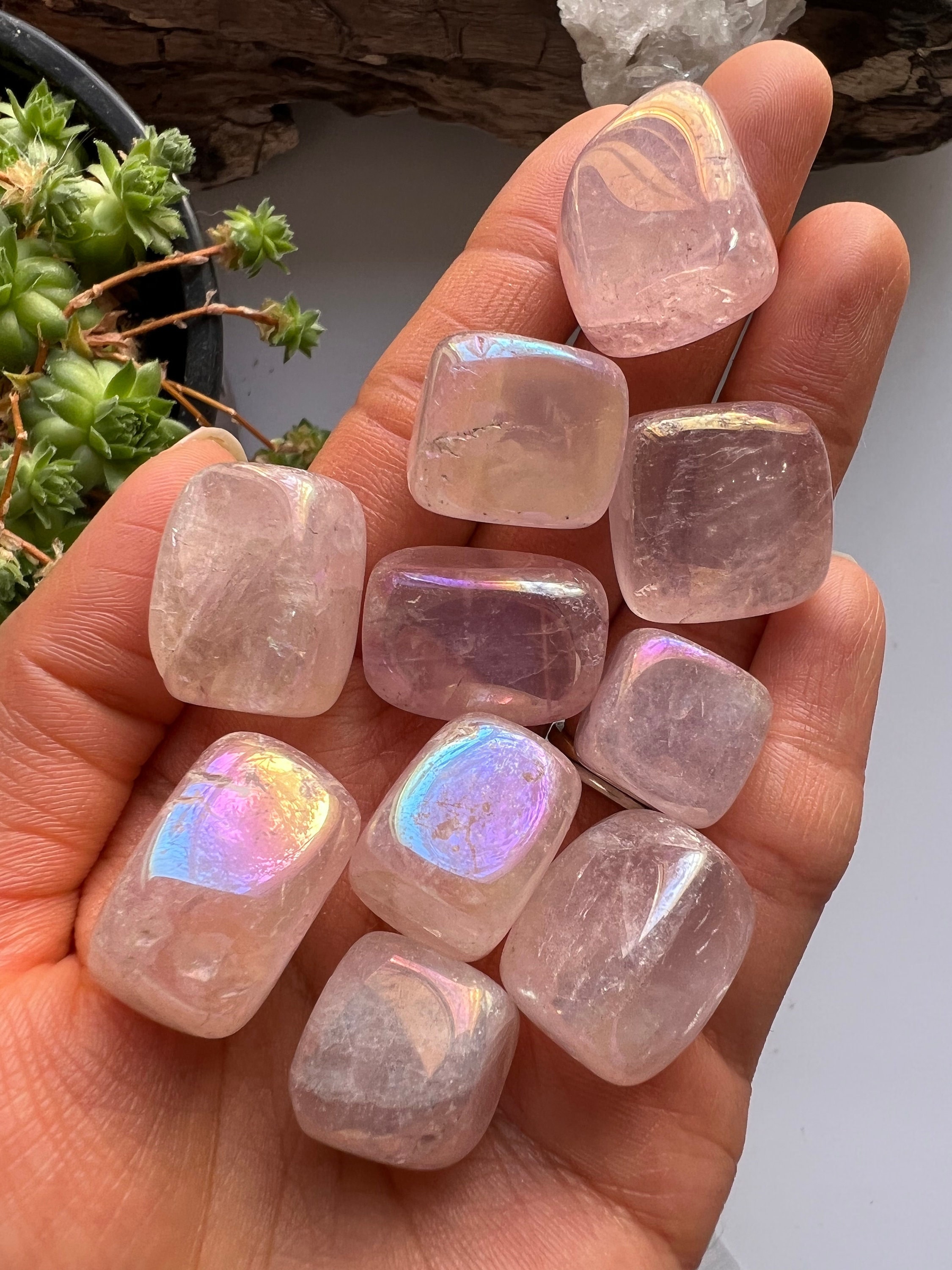 Cubic Angel Aura Rose Quartz Tumble, Rainbow Aura Crystal