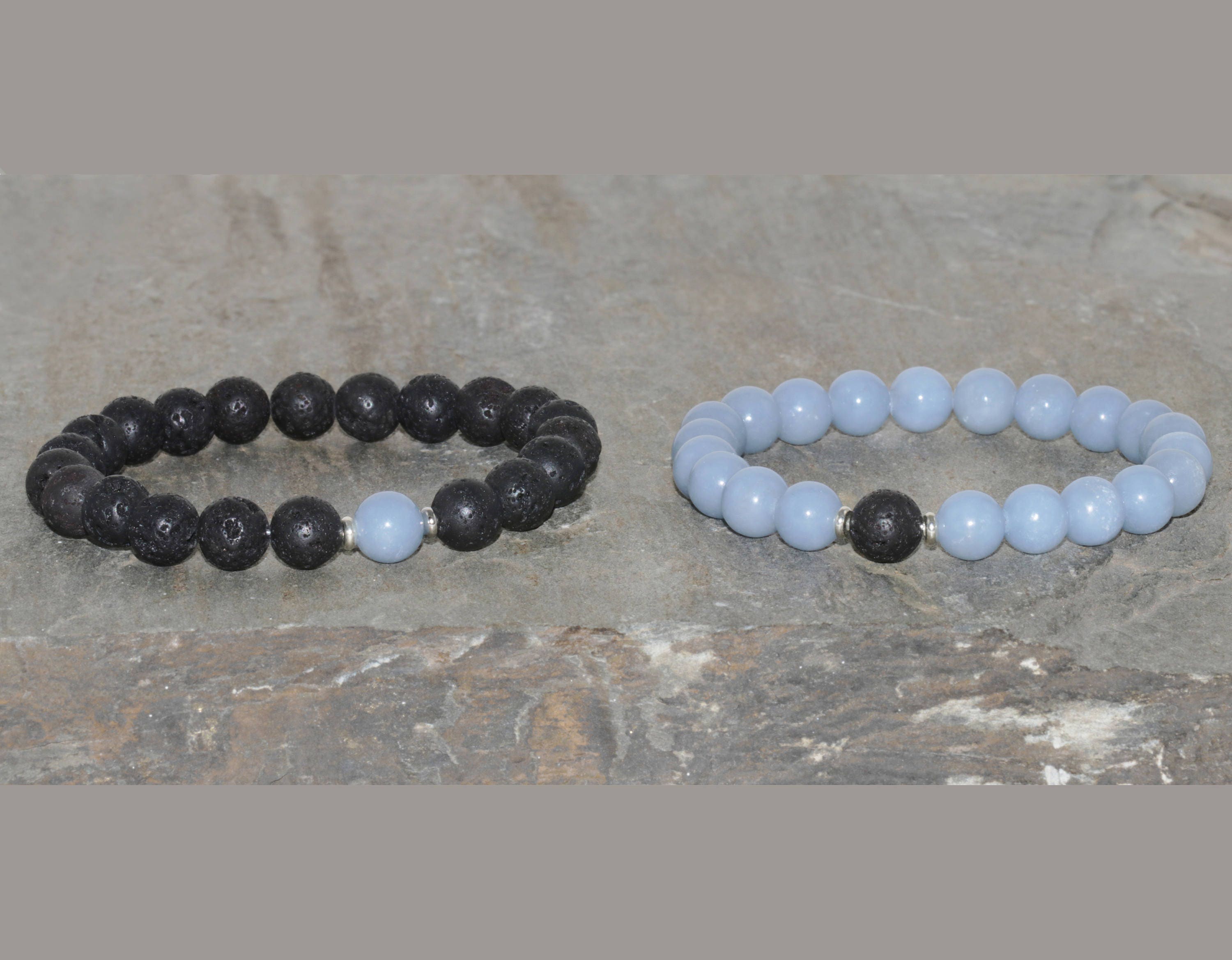 Angelite & Volcanic Lava Bracelet Set, Couples Yoga Gift
