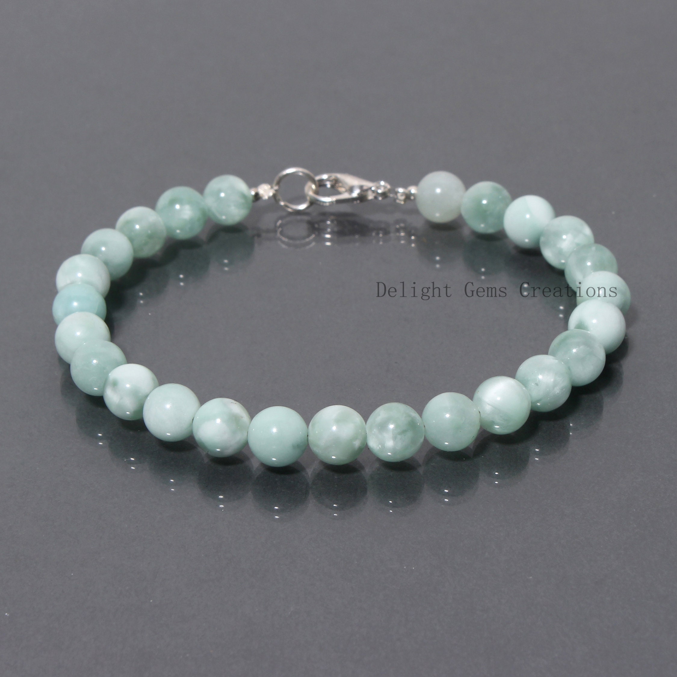Green Angelite Beaded Bracelet - 8mm Smooth Round Beads - Gemstone Women's Jewelry