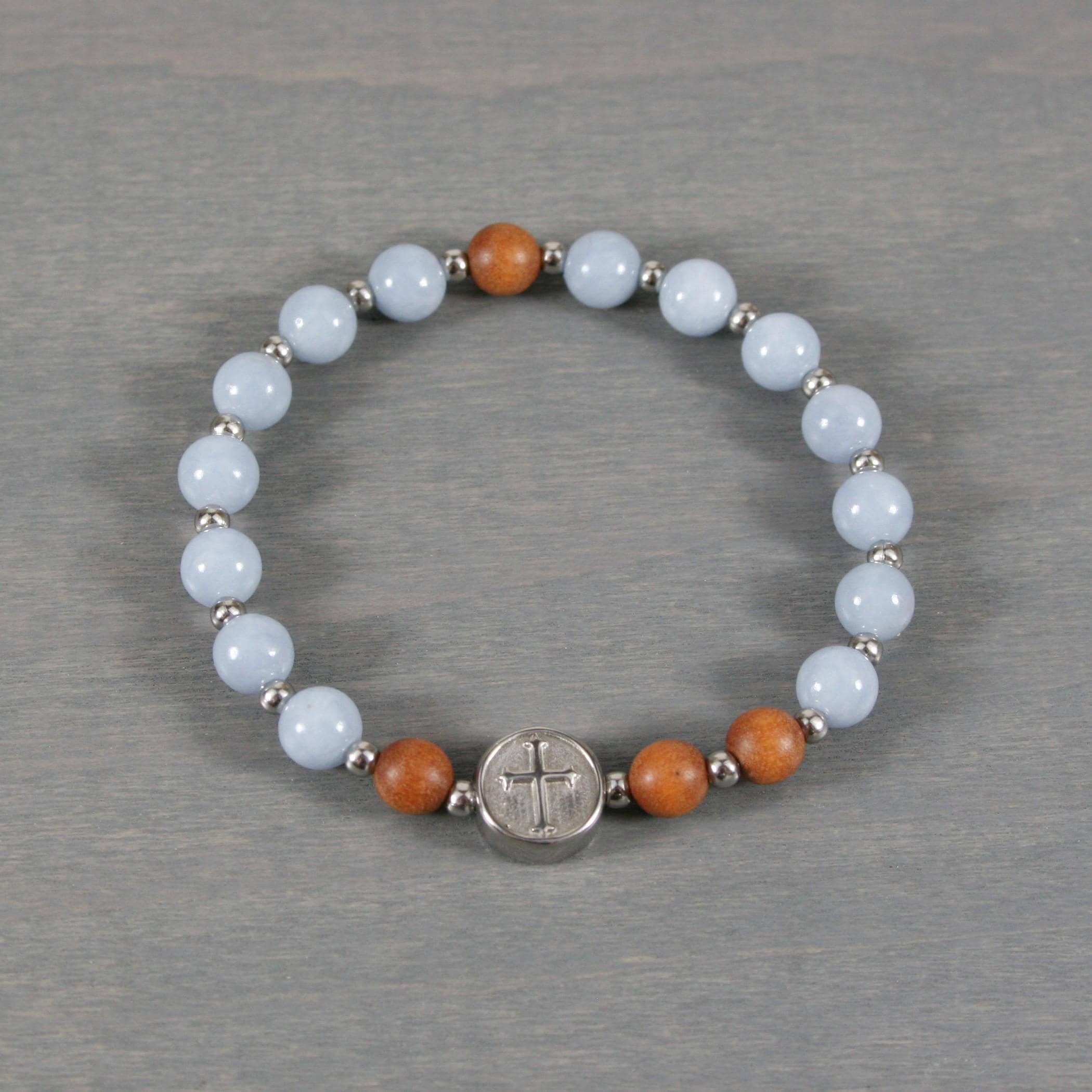 Small Anglican Rosary Stretch Bracelet In Angelite, Sandalwood, & Stainless Steel Cross Small Anglican Rosary Stretch Bracelet In Angelite, Sandalwood, & Stainless Steel Cross