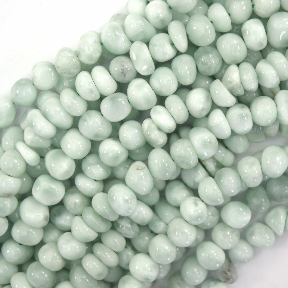 8mm - 9mm Natural Green Angelite Pebble Nugget Beads 15.5" Strand