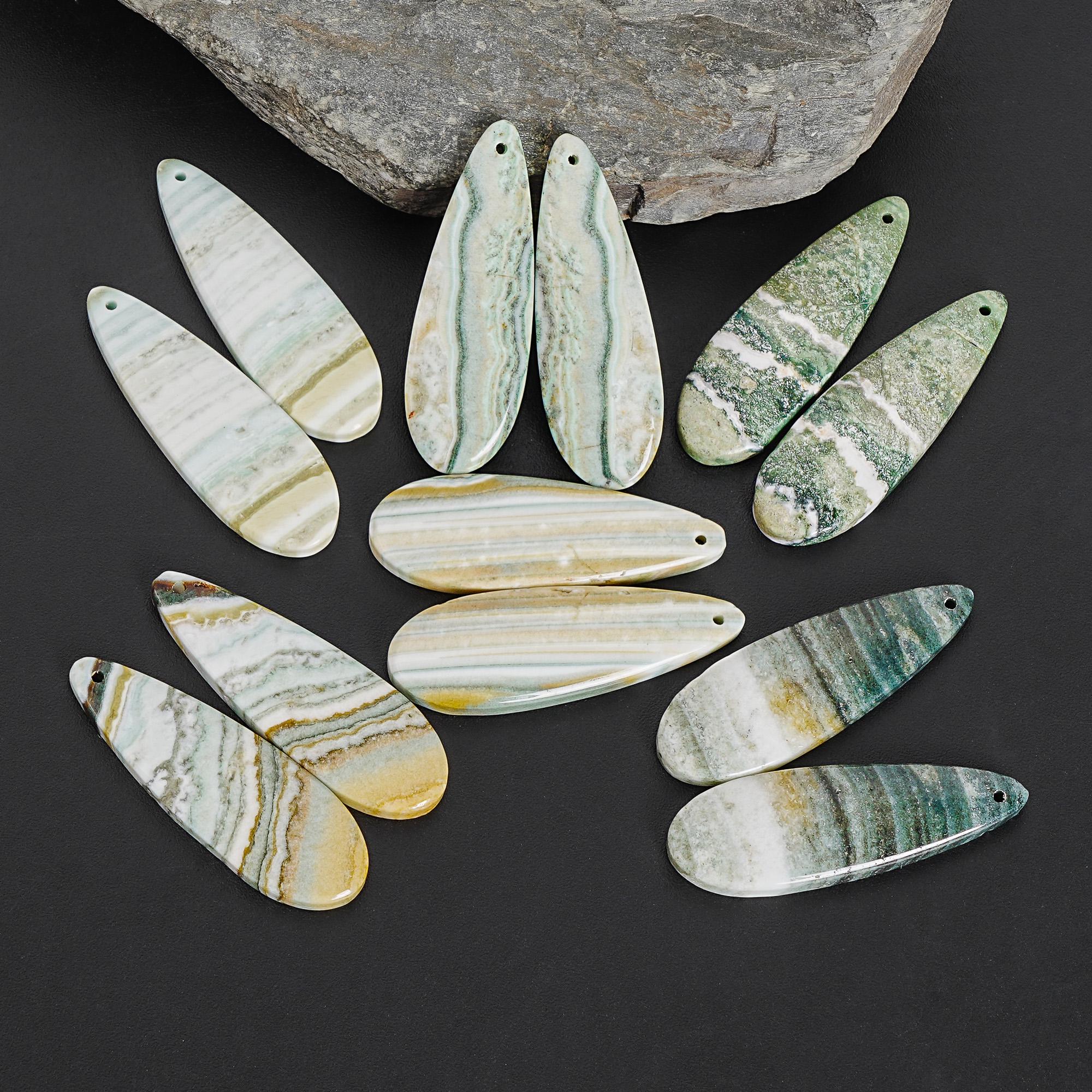 Natural Green Indian Angelite Earring Pair 40x13x4mm Teardrop Drilled Matching Gemstone Beads, One Of A Kind Jewelry Making Earrings
